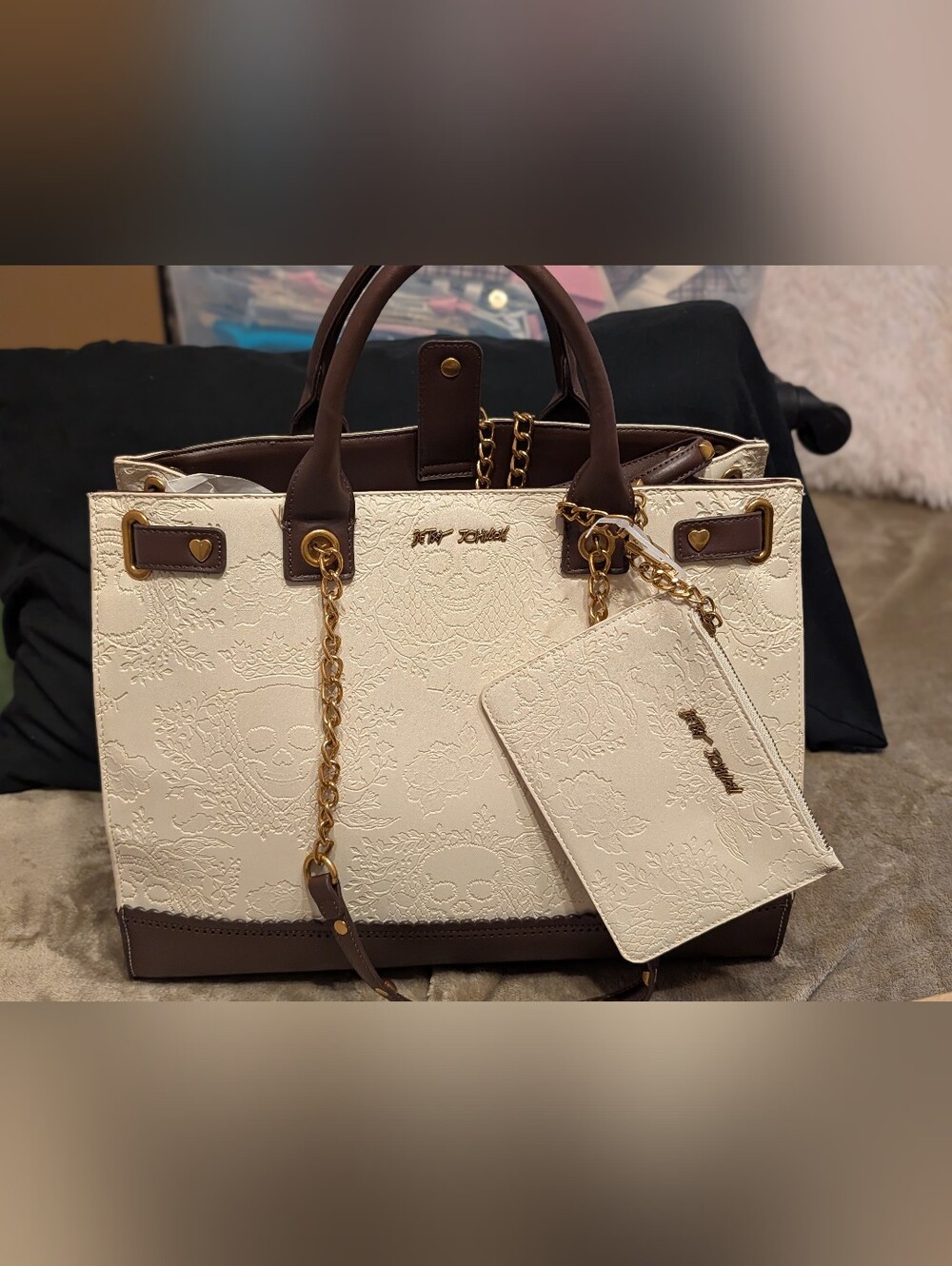 Betsy Johnson Ivory and Brown Skull Embossed Tote Bag with Detachable Pouch